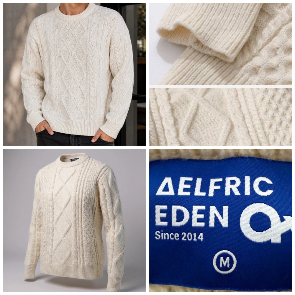 Aelfric Eden Sweater M Ivory Cable Knit Fisherman Chunky Stockholm Capsule Retro